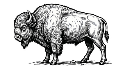 Majestic Bison Standing Profile - Vintage Engraving Style Black and White Illustration © happy