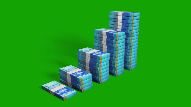 An ascending financial bar chart built from growing stacks of blue 200 Moroccan Dirham currency bundles against a green screen. Includes a black and white alpha matte layer for easy keying.