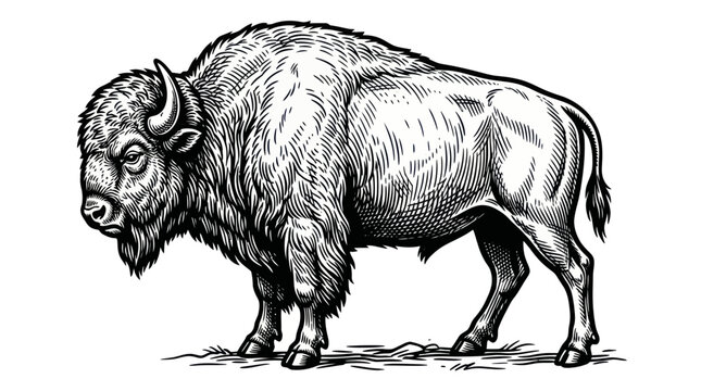Majestic Bison Standing Profile - Vintage Engraving Style Black and White Illustration