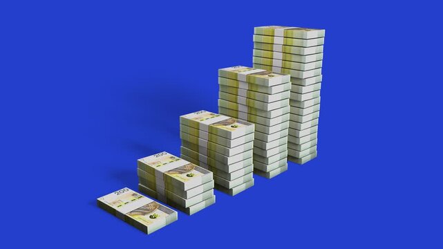 3D animation showing stacks of Polish 200 zloty banknotes growing sequentially from left to right like a bar chart over a blue screen, followed by a black-and-white alpha matte for compositing.