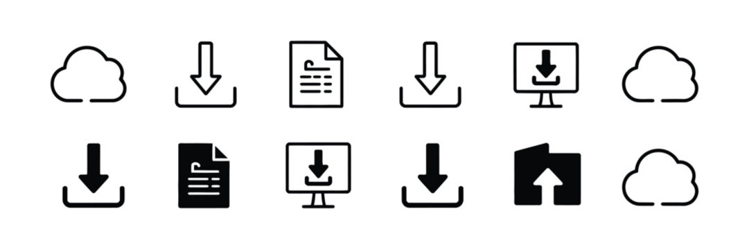 Download and upload icon set, file sharing and cloud storage symbols vector collection.
