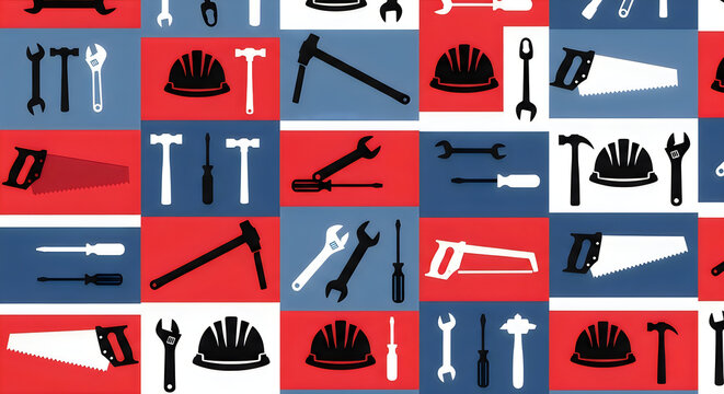Construction tools pattern wrenches hammers saws and hard hats