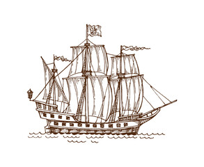 Vintage pirate wooden sail ship and sailboat, European galleon and warship sketch. Vector Nautical maritime vessel with waves. Hand drawn engraved sea transport with flags, mast, rigging and wood hull © Seavector