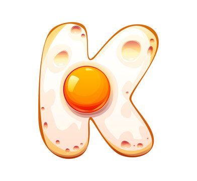 Cartoon cooked egg breakfast alphabet type, font letter K. Fried omelette English alphabet letter, cooked healthy food typeset vector font symbol. Egg breakfast type