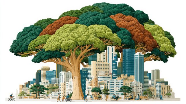 Gigantic forest inside city skyline, urban nature concept with giant tree over modern building and people