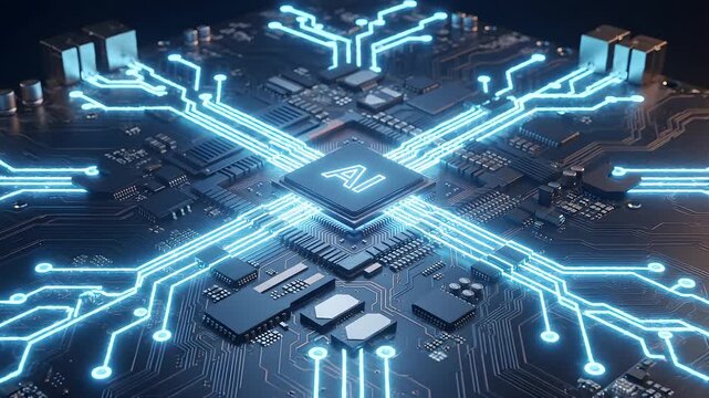 Futuristic 3D Rendering of a Central Processing Unit Microchip on a Motherboard with Glowing Blue Energy Data Circuits
