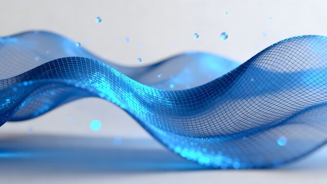 Blue Wavy Grid Pattern with Floating Bubbles