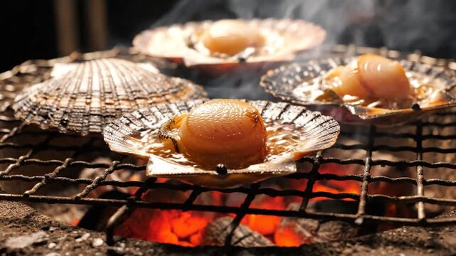 Fresh scallops in shells grilling on a wire rack over glowing charcoal embers with rising steam