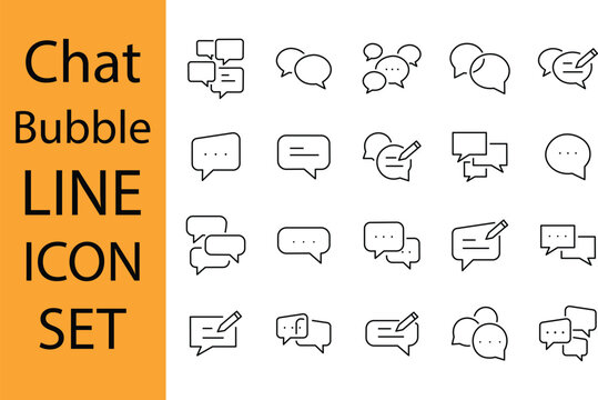Chat bubble line icons collection. Includes diverse message symbols, typing ellipses, group chats, and writing edits.
