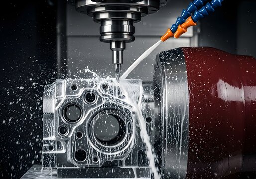 Precision cnc machining of metal engine block with coolant spray, industrial workshop, close-up, detailed, dynamic, blue and silver tones.