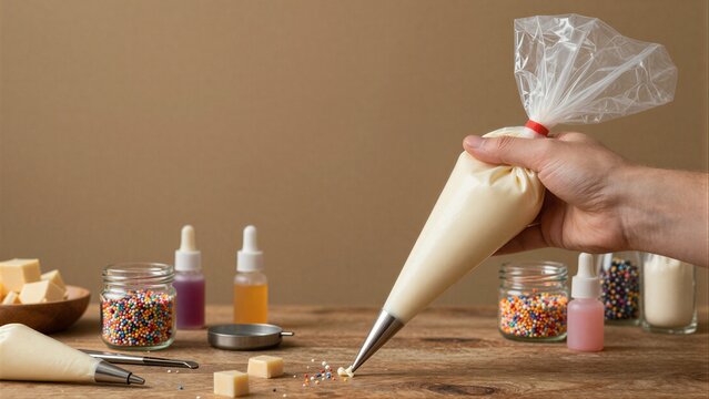 Hand holds piping bag ready to decorate cake with colorful sprinkles