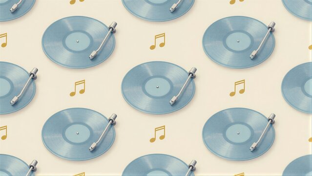 Blue vinyl records with gold notes and silver turntables on beige