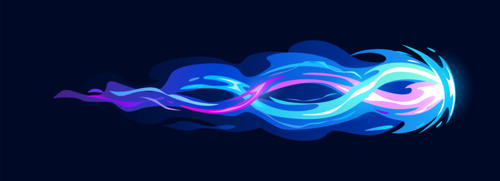 Gun fire trail flame effect for game comics with blue purple plasma clot, cartoon vector icon. Laser gun or blaster shot with light glow for game VFX effect of energy blast from fire gun fireball shot