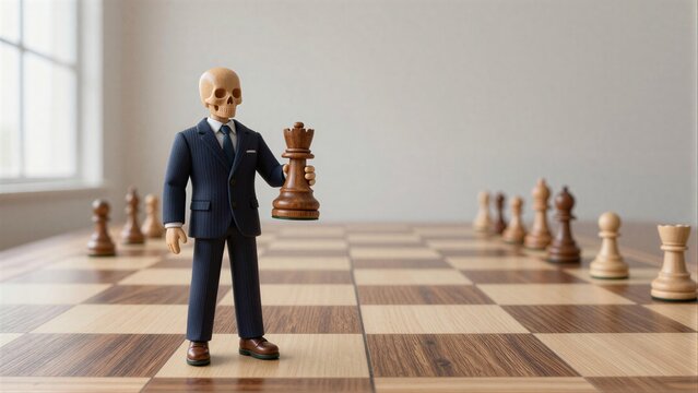 Skull CEO holds chess king symbolizing power and inevitable downfall