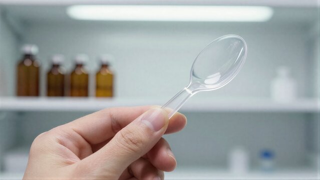 Hand holds clear spoon blurred pharmacy shelves in background.