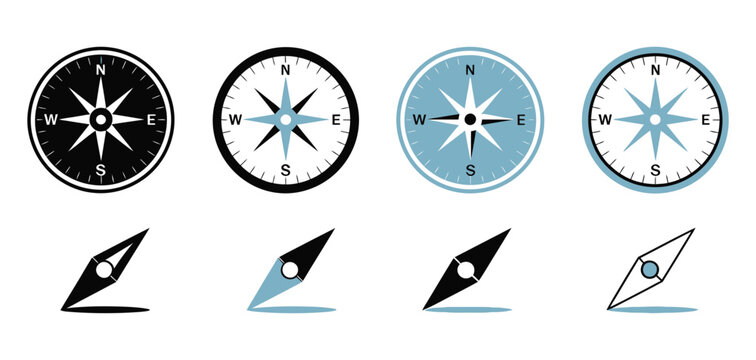 Compass icon set, map navigation and orientation tools for travel design.