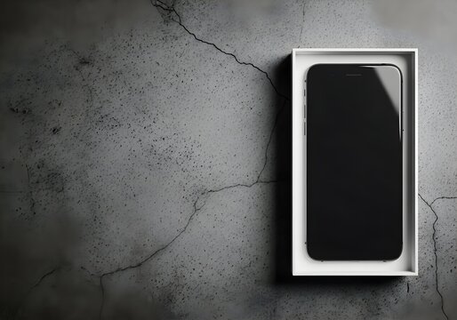 A sleek black smartphone is presented in its white open box, captured in a top-down shot with a dark, moody atmosphere on a textured concrete surface.