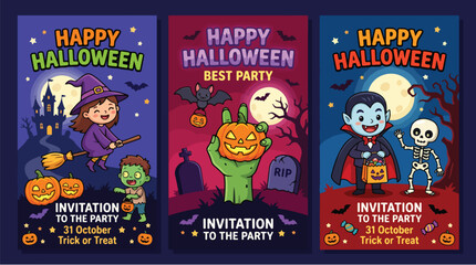 Naklejka premium Colorful Halloween party invitation posters featuring spooky characters and festive decorations for kids and adults