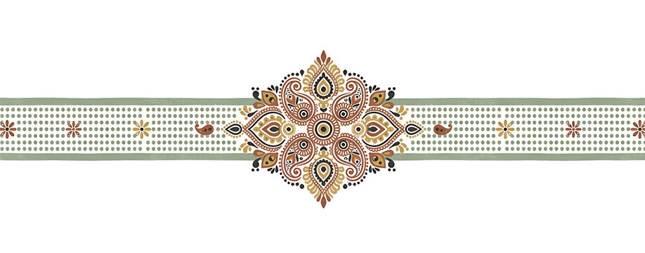Decorative border with Indian paisley mandala motif, ethnic mehndi-inspired design, flat vector illustration.