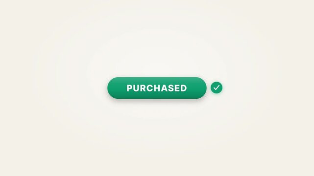Buy Now Button Press Animation Turning into Purchased with Emerald Check Stamp and Cursor Click on Off White Card 4K