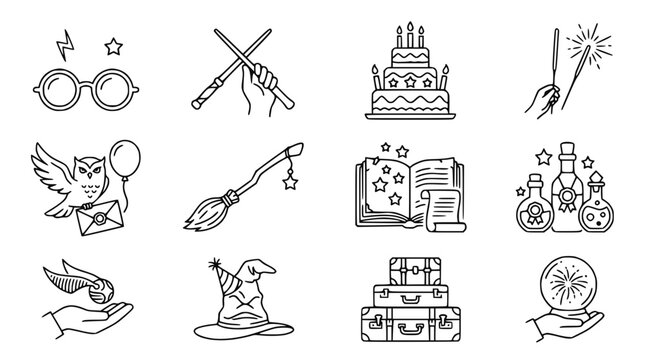 Magical Icons Set: Wizardry, Fantasy, Birthday, Celebration - Vector Line Art