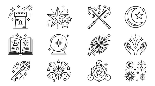 Magic and Fantasy Icons: Stars, Wands, Spellbook, Crystal Ball, Key, Castle, Compass