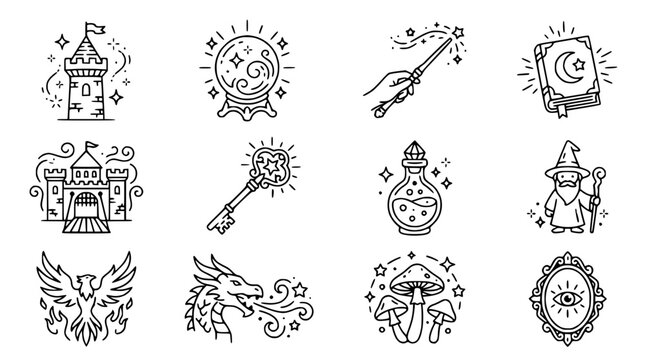 Fantasy Icons: Castle, Wizard, Dragon, Magic Wand, Crystal Ball, Potion, Spellbook, Phoenix, Key, Mushrooms