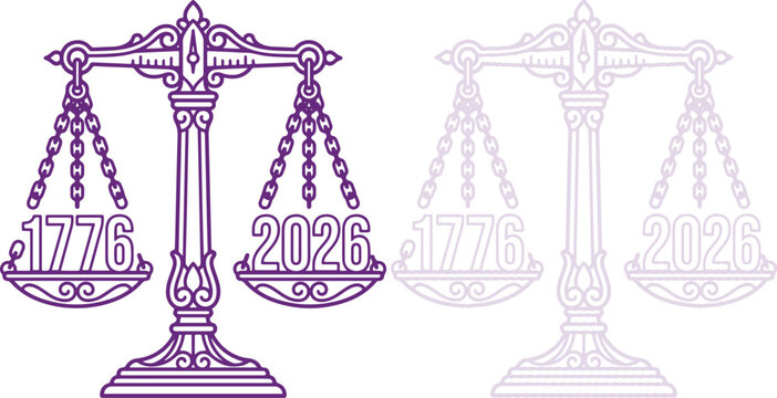 Scales of Justice with 1776 and 2026 dates in purple outline style American Occassion