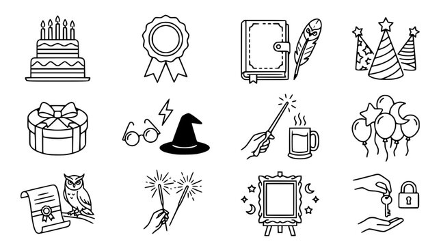 Magic & Celebration Icons: Birthday Cake, Gift, Hat, Wand, Stars, Owl, Book, Balloon, Frame, Key
