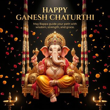 Ganesh chaturthi greeting card featuring lord ganesha sitting on an ornate golden swing decorated with flower garlands and lit oil lamps against a dark background with floating petals celebration