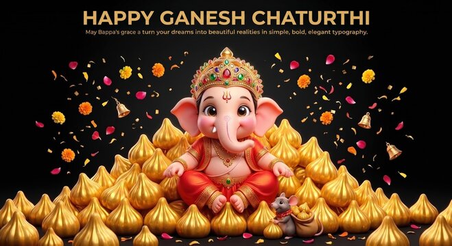 Cute baby lord ganesha sitting on a pile of golden modaks with a mouse and festive petals on a black background for ganesh chaturthi celebration and traditional indian religious festival greeting