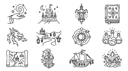 Obraz premium Fantasy Icons Collection: Magic, Castle, Dragon, Ship, Map, Crystals, Alchemy