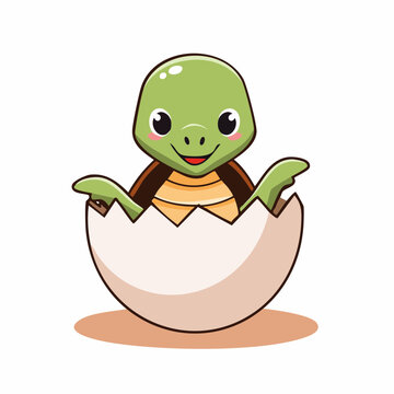 Cute baby turtle hatching from egg cartoon illustration