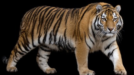 Obraz premium Majestic Tiger Walking Gracefully Against a Black Background