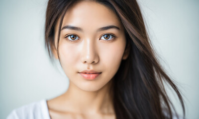Naklejka premium close-up portrait of an adult woman with long dark windblown hair looking calm and serious against a brightly lit studio backdrop
