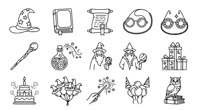 Fantasy Magic Icons: Wizard Hat, Wand, Potion, Book, Scroll, Owl, Cake