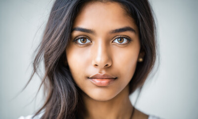 Fototapeta premium portrait of a thoughtful young adult woman looking directly forward with serious facial expression mental health awareness and daily life struggles concept