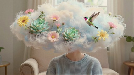 Fototapeta premium Person relaxes in armchair dreaming of hummingbirds and flowers