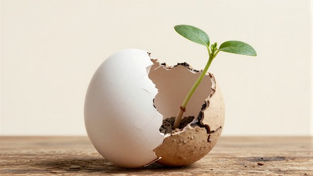 Tiny green sprout grows from cracked eggshell symbolizing new