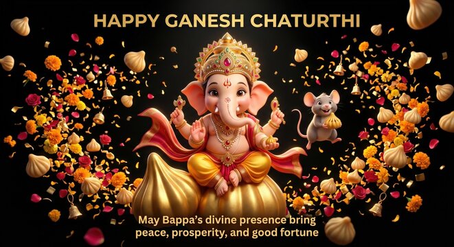 Ganesh chaturthi celebration greeting with lord ganesha seated on golden modak surrounded by flowers and festive decorations for hindu festival of prosperity