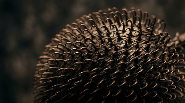 Dry burdock seed pod macro texture background, round brown burr with hook spikes pattern close up on dark moody background
