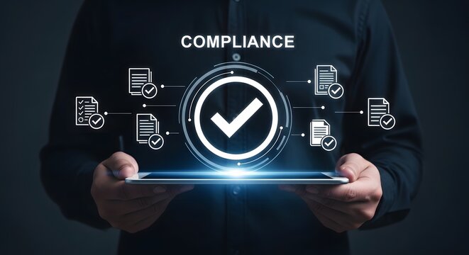 Compliance verification concept digital tablet displaying regulatory adherence and approval