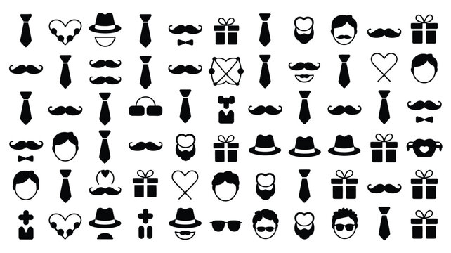 Large collection of mens accessories including neckties mustaches hats and gift box symbols.