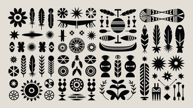 Pattern set of traditional native american tribal patterns feathers and nature motifs design.