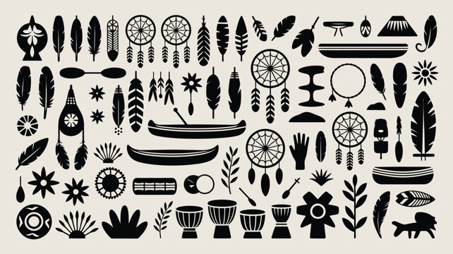 Native american symbols and icons collection vector tribal cultural elements art.