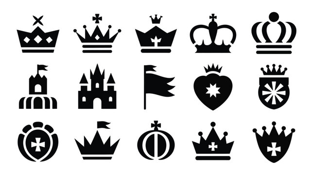Assortment of black crown, castle, shield, and flag icons, depicting various royal symbols.