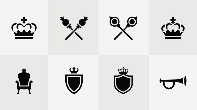 Royal symbols set including crown throne mace shield trumpet and crossed instruments.