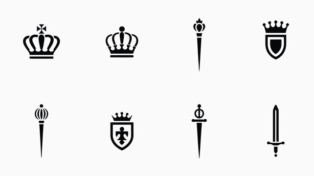 Collection of royal symbols including crowns scepters shields and sword.