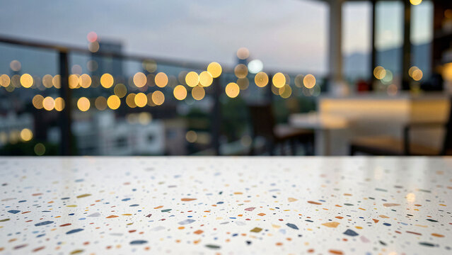Terrazzo Tabletop With Embedded Marble Flecks on Modern Penthouse Balcony Bar with Glass Railings Lu