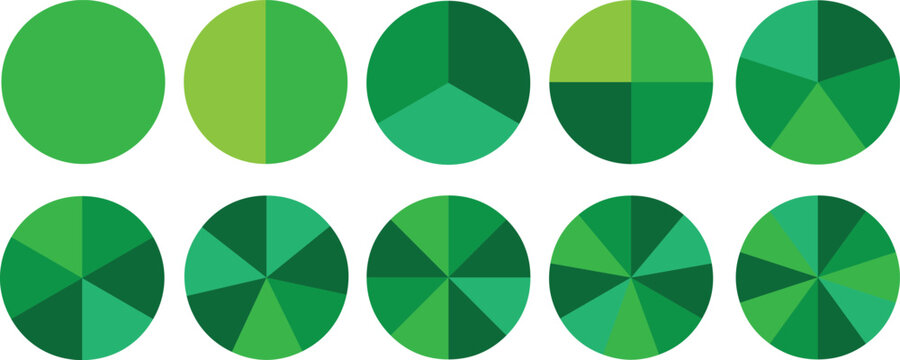Circle pie chart diagram. Circle division infographic icon set. Loading bar set diagram multicolored collection. Pie chart divided 1,2,3,4,5,6,7,8,9,10, 11, 12 equal parts.
